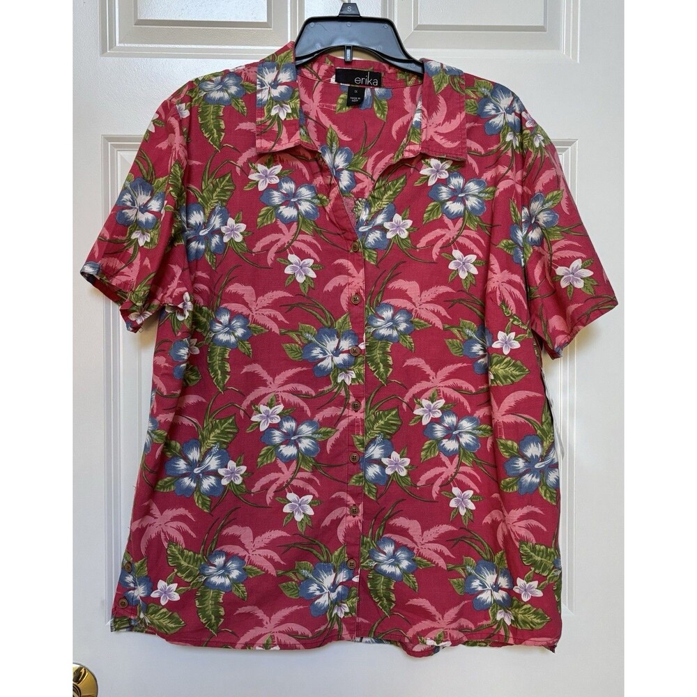Erika short Sleeve Top Women's size 1X summer casual Hibiscus Floral Red cotton
